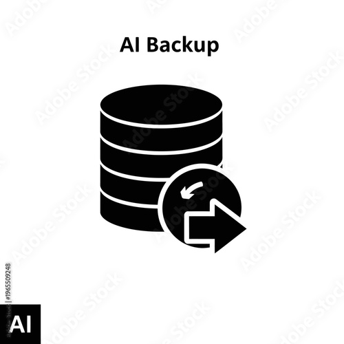 Black and white icon depicting a database stack with a circular arrow indicating data backup or restore operation, labeled AI Backup.