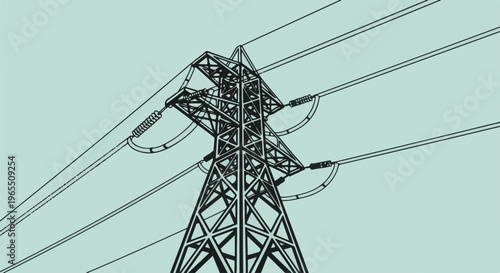 Overhead power line tower and wires against a light blue sky