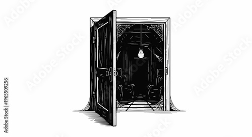 Open doorway reveals dimly lit room with chairs, cobwebs, and a hanging bulb