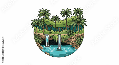 Lush tropical waterfall scene with palm trees and dense jungle foliage