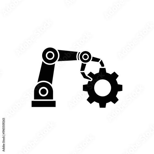 Black silhouette icon of a robotic arm grasping a gear, representing industrial automation and mechanical engineering.