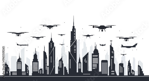 City Skyline with Flying Drones Above.