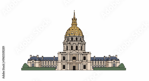 Grand domed building with flanking wings and manicured greenery