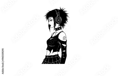 Y2K Mall Goth Girl with Headphones Silhouette, Cyber Goth Alternative Vector Sticker, Edgy 90s Nostalgia Manga Illustration