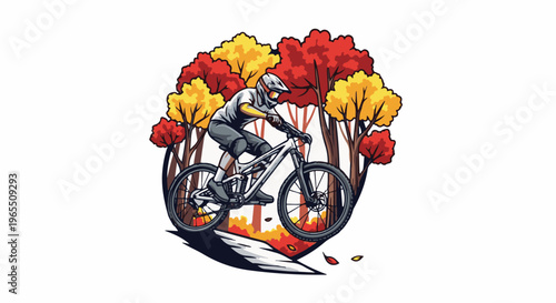 Mountain biker rides through a colorful autumn forest trail