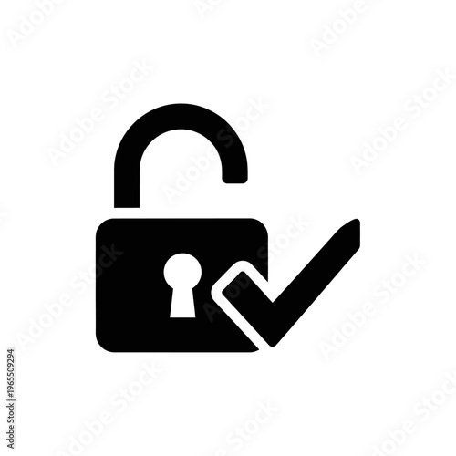 Black icon of an unlocked padlock with a checkmark, symbolizing successful access or security clearance.