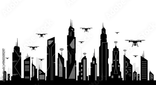 City Skyline with Skyscrapers and Planes.