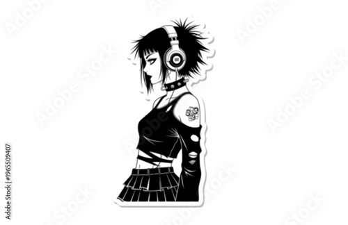 Y2K Mall Goth Girl with Headphones Silhouette, Cyber Goth Alternative Vector Sticker, Edgy 90s Nostalgia Manga Illustration