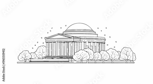 Neo-classical dome building with columns, trees, and falling snow flakes