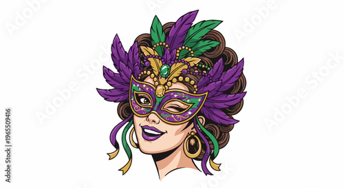 Festive woman in ornate mask with feathers and jewels