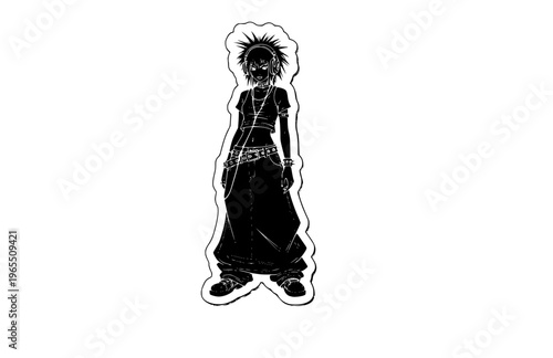 Y2K Mall Goth Girl with Headphones Silhouette, Cyber Goth Alternative Vector Sticker, Edgy 90s Nostalgia Manga Illustration