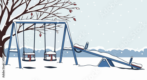 A deserted winter playground features swings and a seesaw covered in snow