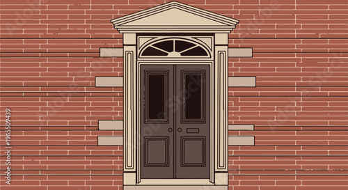 Ornate doorway with arched transom window framed by brick