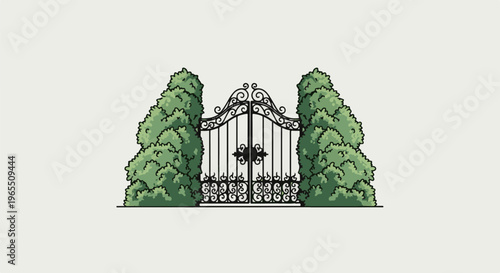 Ornate black metal gate flanked by lush green sculpted bushes