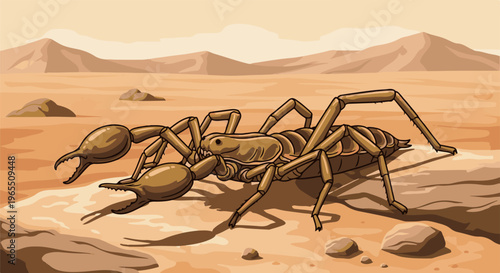 Pixelated desert landscape with a large, tan arachnid in the foreground