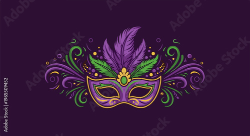 Ornate purple, green, and gold feathered mask with swirling decorative accents