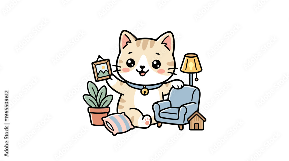Fototapeta premium Cute Cartoon Cat with Home Decorations