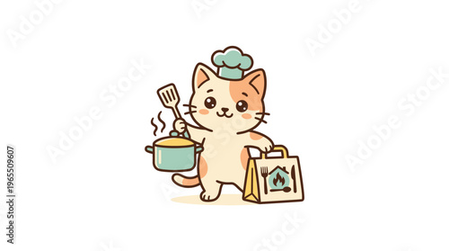 Cute Cat Chef with Cooking Pot and Delivery Bag