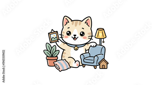Cute Cartoon Cat with Home Decorations