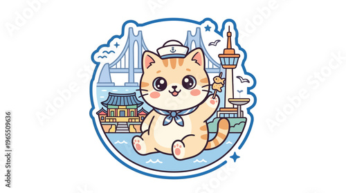 Cute Cat Sailor with Korean Landmarks