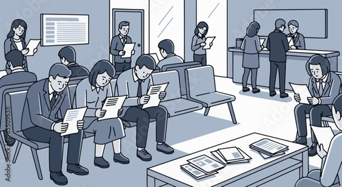 People in suits waiting in a business office, reading documents