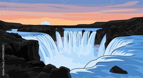 A pixelated waterfall cascades down rocky cliffs at sunset