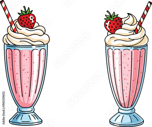 Retro strawberry milkshake vector illustration, pair of pink dairy smoothies with whipped cream and berries, vintage diner style beverage icons