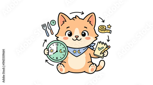 Cute Cartoon Cat with Healthy Eating and Sleep Routine