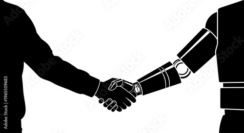 Human and robot shaking hands together.