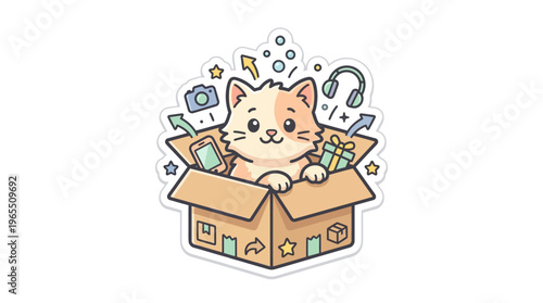 Cute Cat in a Box with Technological Gadgets