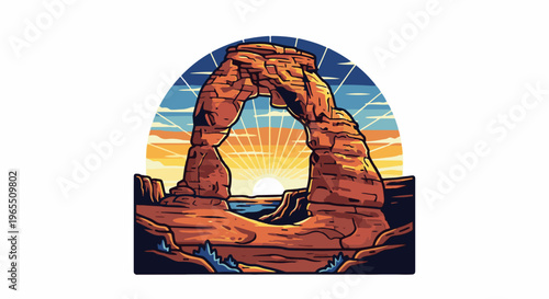Pixelated desert arch rock formation at sunrise with colorful sky