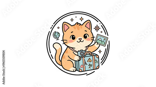 Cute Cartoon Cat Traveler Holding Photo of Mountains