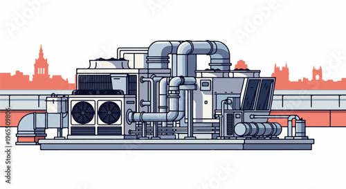 Pixelated HVAC system with city skyline silhouette in coral