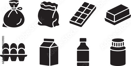 Set of Basic Grocery Food Item Icons Including Dairy Products Baking Supplies and Egg Cartons