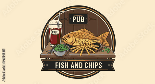 Classic pub signage features a full fish and chips meal with a drink
