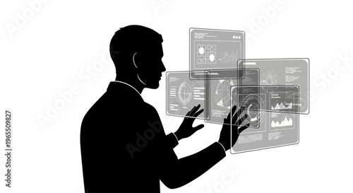 Man interacting with virtual screens.