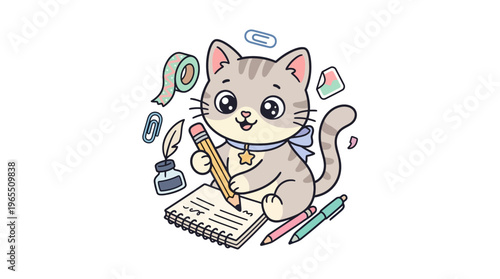 Cute Cartoon Cat Writing in Notebook