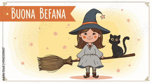 Cheerful young witch on a broom with black cat, stars, and text