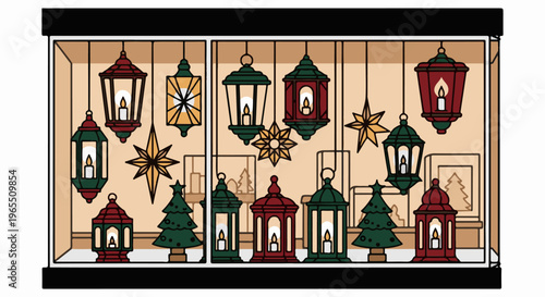 Christmas window display with hanging lanterns and trees