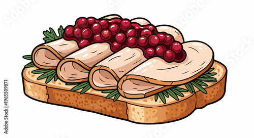 Sliced bread topped with folded meat, cranberries, and green herbs