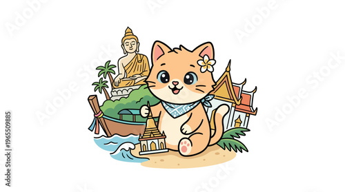 Cute Cat Tourist in Thailand with Landmarks