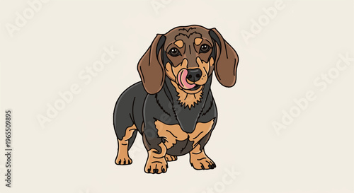 Cartoon dachshund dog with brown and black fur, licking its nose