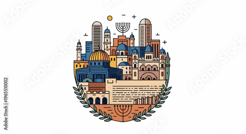 Stylized cityscape with ancient and modern architecture, a sun, and menorahs