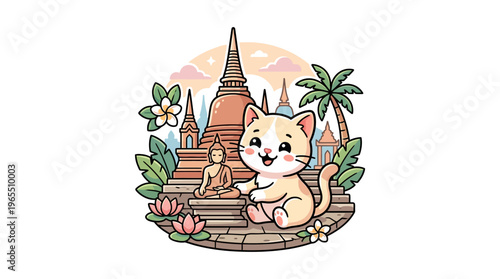 Cute Cat Exploring Ancient Thai Temple