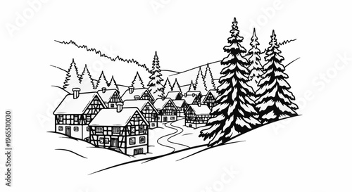 Black and white illustration of a snowy village nestled among pine trees