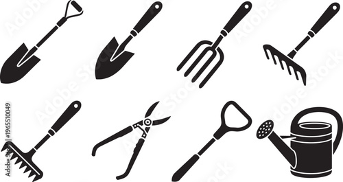 Set of Hand Drawn Garden Tools Collection Including Shovel Rake Fork Pruners and Watering Can