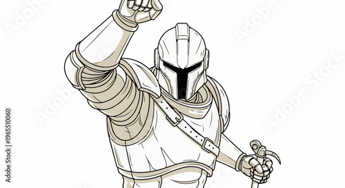 Armored figure with helmet and raised fist, holding weapon