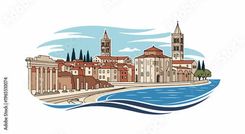 Ancient coastal town with classical ruins, towers, and blue water