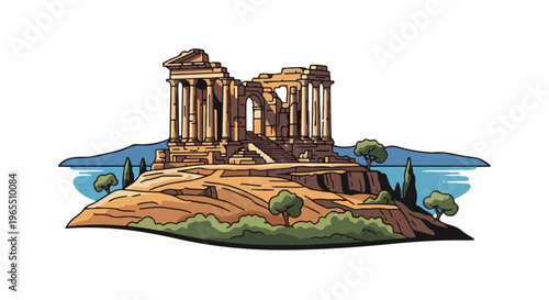 Ancient ruins atop a hill by the sea with trees