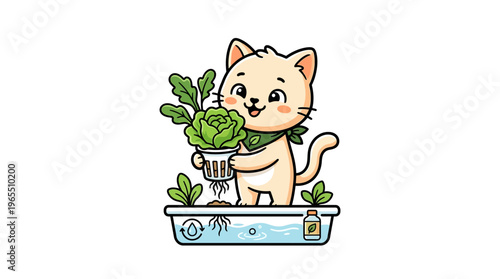 Cute Cat Farmer with Hydroponic Lettuce